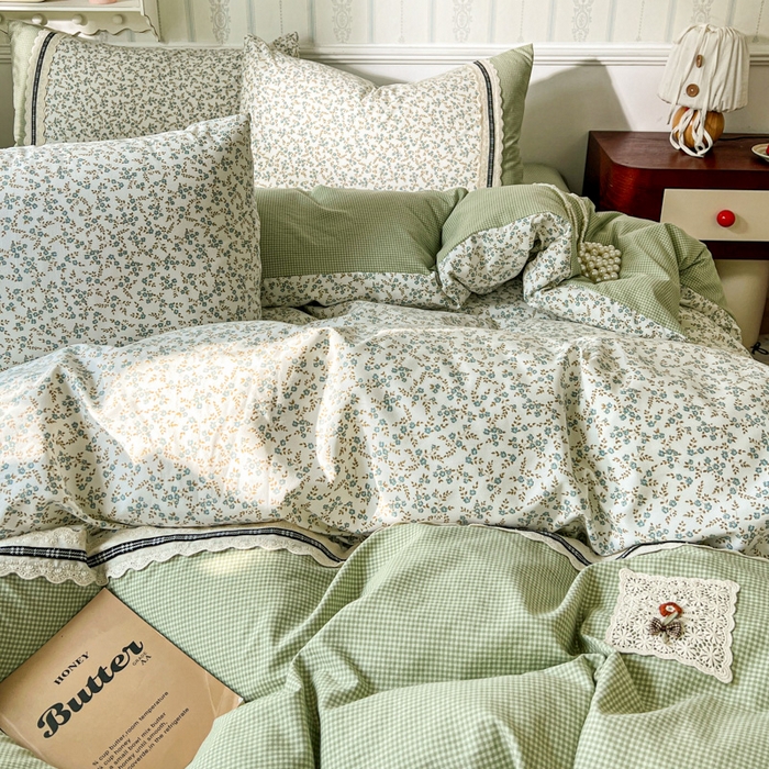 91家纺网 家纺一手货源 找家纺 韩秀家纺 2026新款A类仿棉四件套超柔古法棉水洗棉法式花边床笠四件套 烟雨浅绿（提供买家秀）