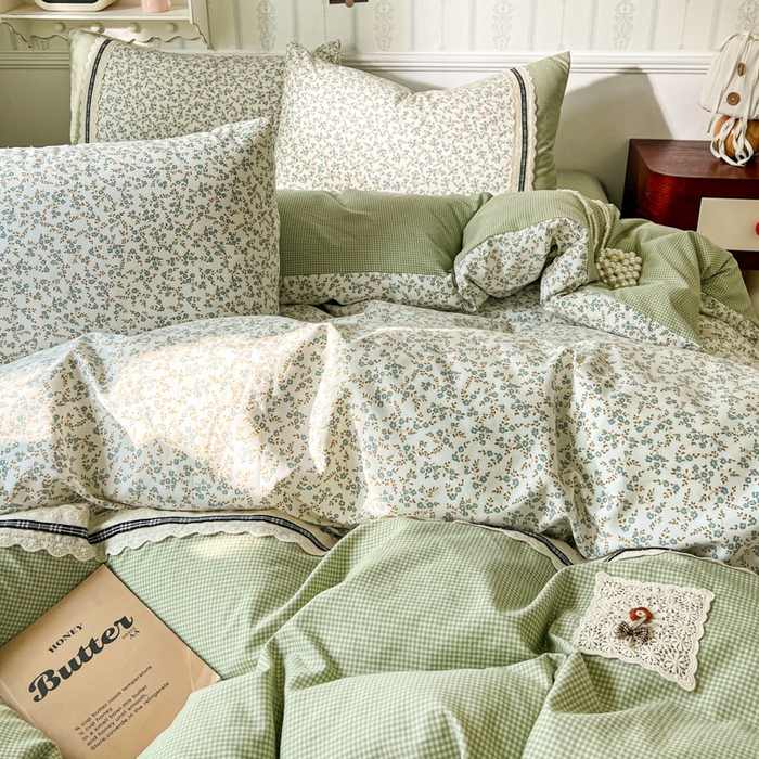 91家纺网 家纺一手货源 找家纺 韩秀家纺 2026新款A类仿棉四件套超柔古法棉水洗棉法式花边床笠四件套 烟雨浅绿（提供买家秀）