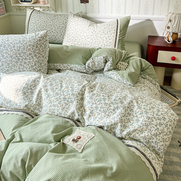 91家纺网 家纺一手货源 找家纺 韩秀家纺 2026新款A类仿棉四件套超柔古法棉水洗棉法式花边床笠四件套 烟雨浅绿（提供买家秀）