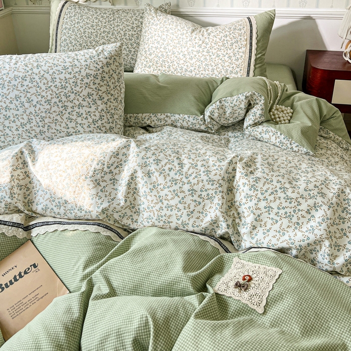 91家纺网 家纺一手货源 找家纺 韩秀家纺 2026新款A类仿棉四件套超柔古法棉水洗棉法式花边床笠四件套 烟雨浅绿（提供买家秀）