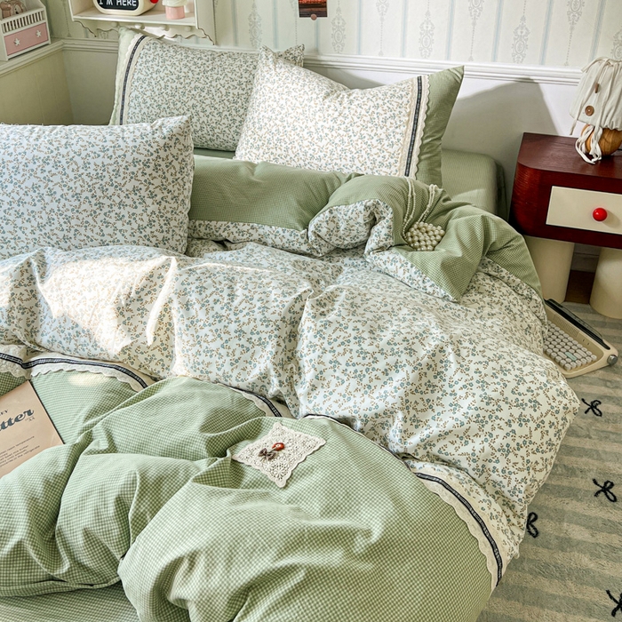 91家纺网 家纺一手货源 找家纺 韩秀家纺 2026新款A类仿棉四件套超柔古法棉水洗棉法式花边床笠四件套 烟雨浅绿（提供买家秀）
