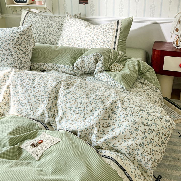 91家纺网 家纺一手货源 找家纺 韩秀家纺 2026新款A类仿棉四件套超柔古法棉水洗棉法式花边床笠四件套 烟雨浅绿（提供买家秀）