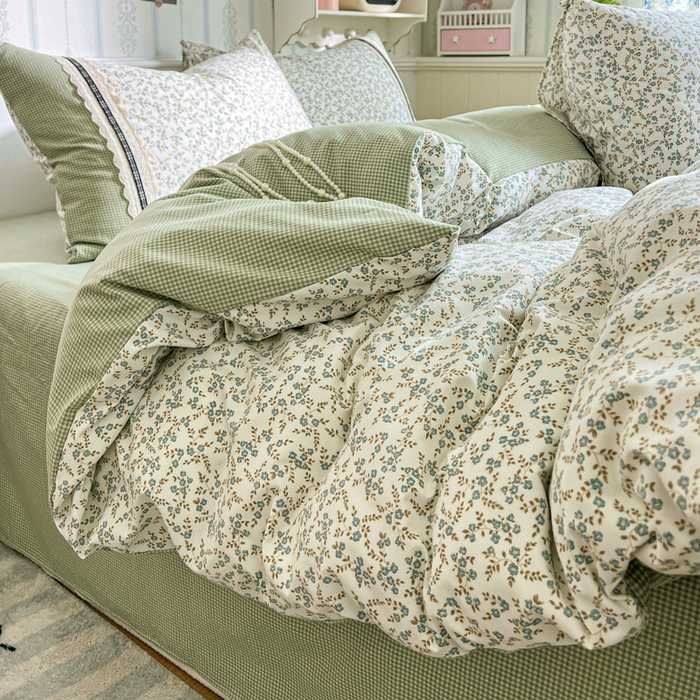 91家纺网 家纺一手货源 找家纺 韩秀家纺 2026新款A类仿棉四件套超柔古法棉水洗棉法式花边床笠四件套 烟雨浅绿（提供买家秀）