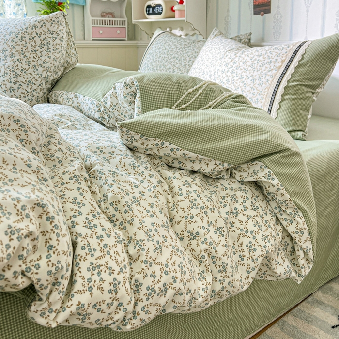 91家纺网 家纺一手货源 找家纺 韩秀家纺 2026新款A类仿棉四件套超柔古法棉水洗棉法式花边床笠四件套 烟雨浅绿（提供买家秀）