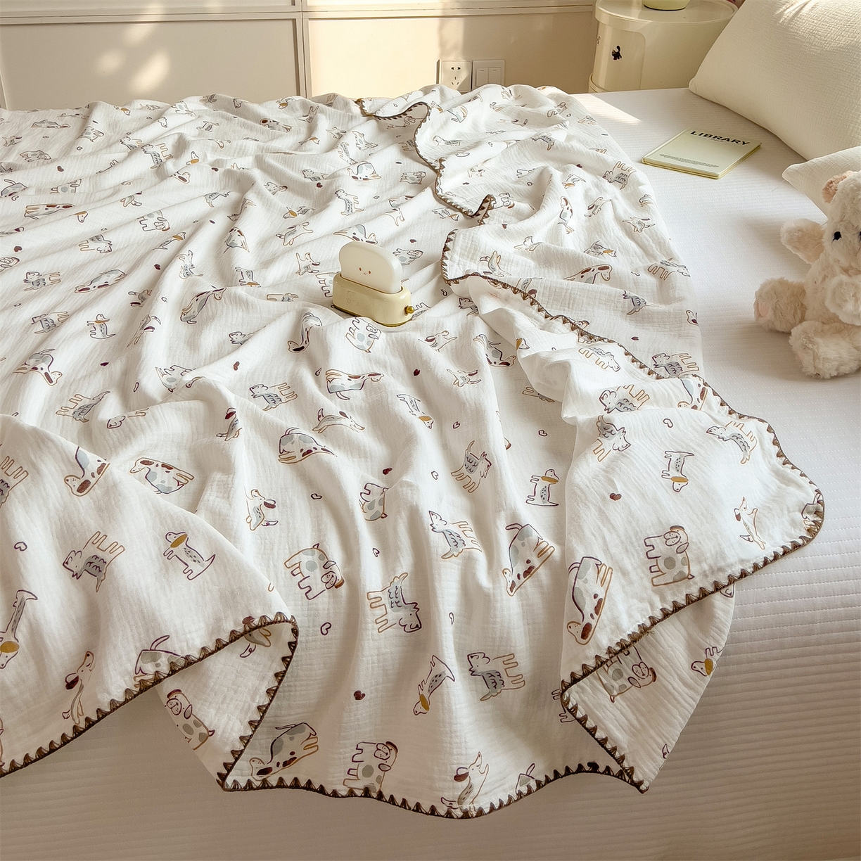 91家纺网 家纺一手货源 找家纺 布凡家居 2026新款全棉纯棉双层纱布毯夏被毯盖毯双层纱浴巾毯 皱皱纱-调皮狗