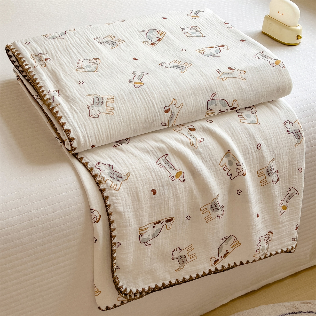 布凡家居 2026新款全棉纯棉双层纱布毯夏被毯盖毯双层纱浴巾毯 皱皱纱-调皮狗