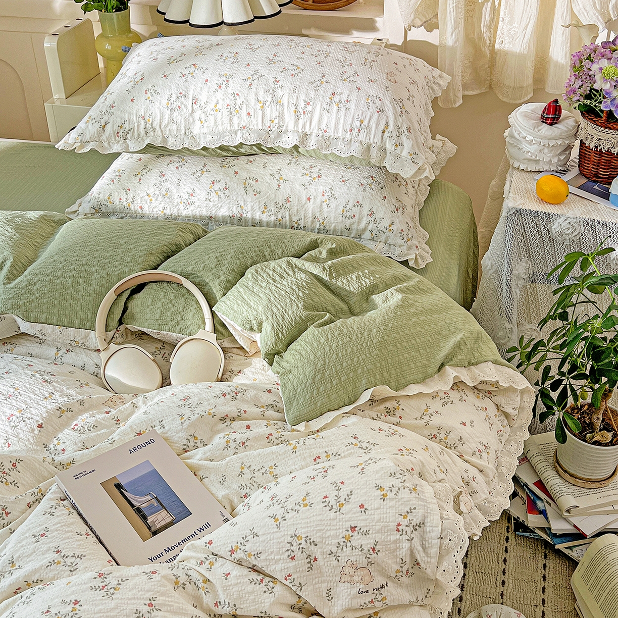 91家纺网 家纺一手货源 找家纺 一比一家纺 2026新款泡芙纱花边四件套 花与兔