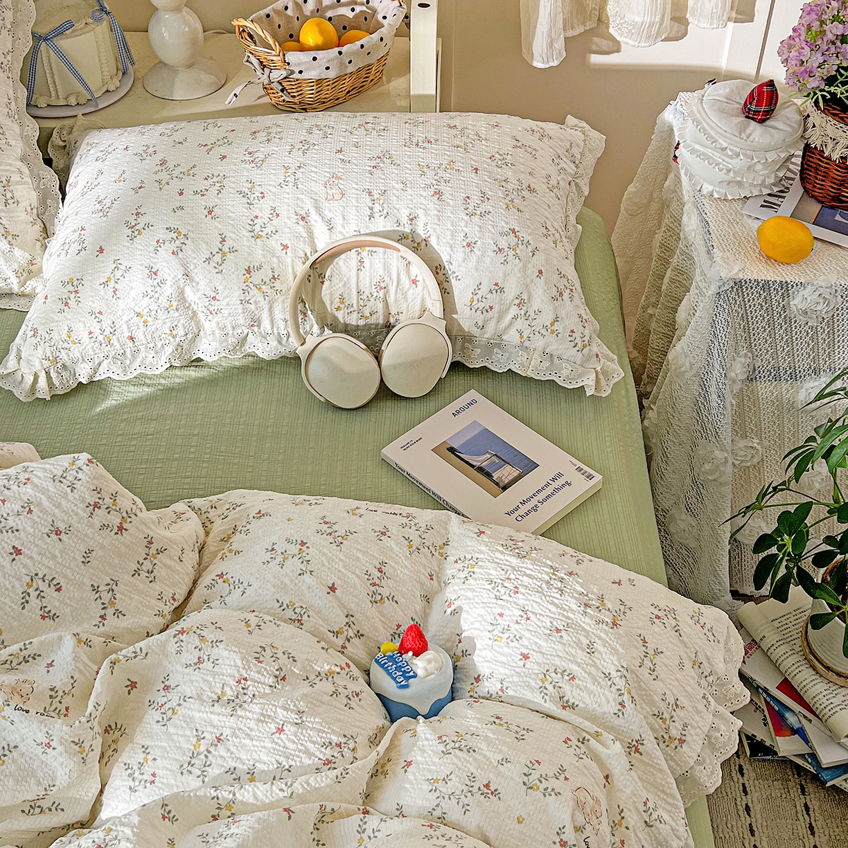 91家纺网 家纺一手货源 找家纺 一比一家纺 2026新款泡芙纱花边四件套 花与兔