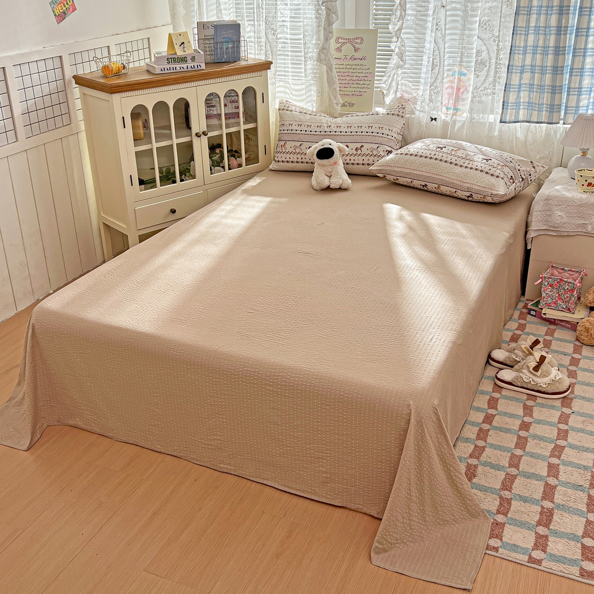 91家纺网 家纺一手货源 找家纺 老K (原美阁） 2026新款泡芙棉夏被四件套双层纱泡芙纱单夏被 焦糖布丁