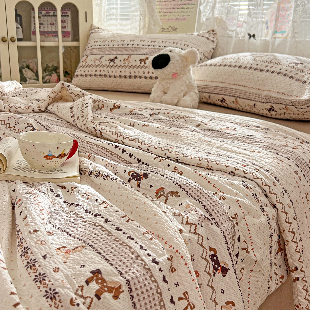 91家纺网 家纺一手货源 找家纺 老K (原美阁） 2026新款泡芙棉夏被四件套双层纱泡芙纱单夏被 焦糖布丁