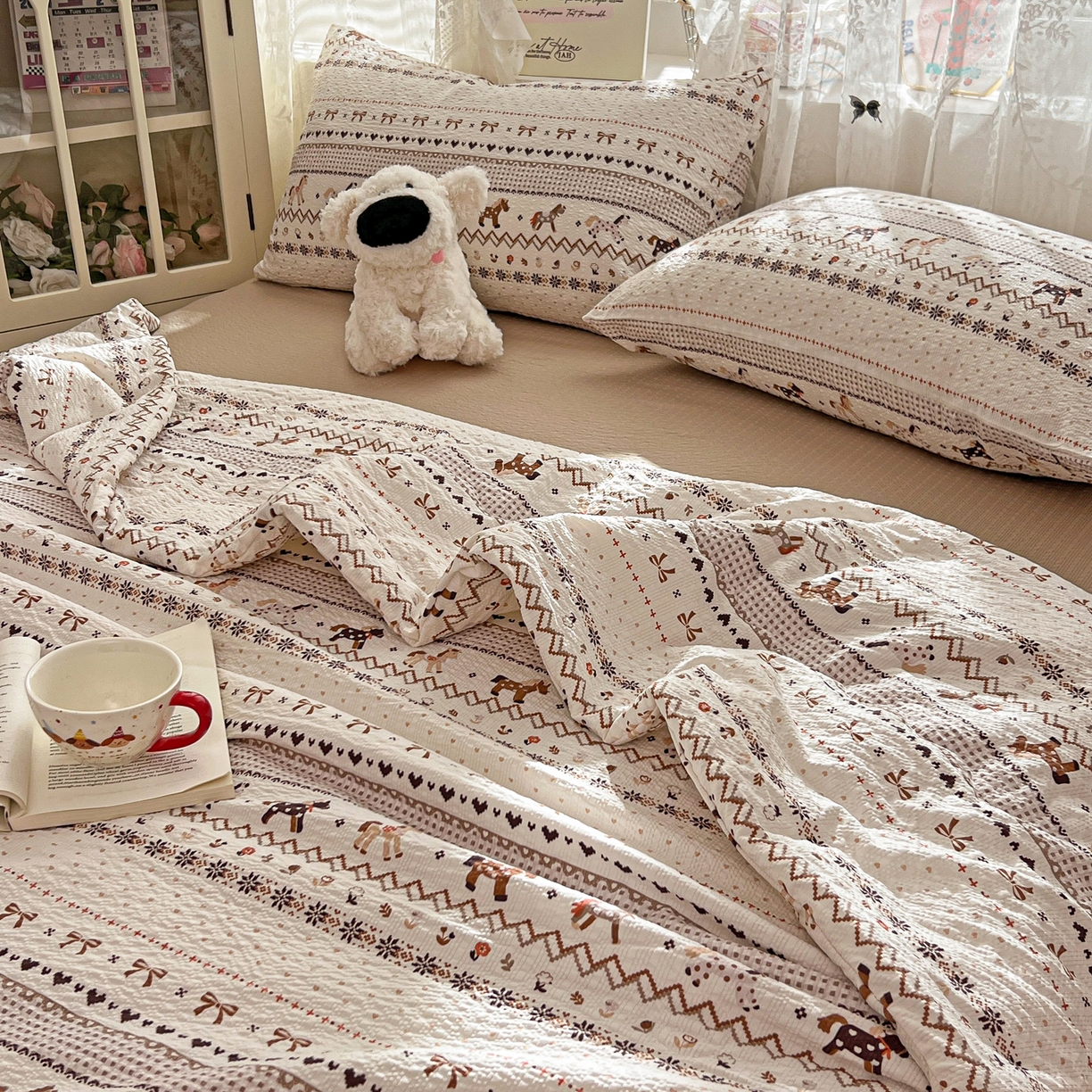 91家纺网 家纺一手货源 找家纺 老K (原美阁） 2026新款泡芙棉夏被四件套双层纱泡芙纱单夏被 焦糖布丁