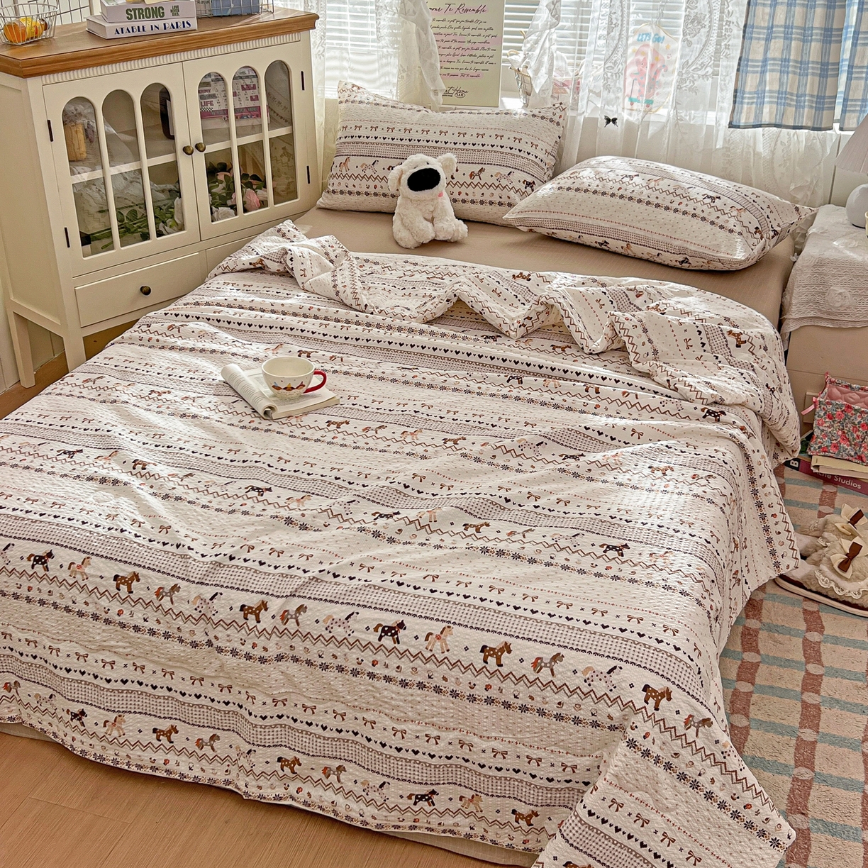 91家纺网 家纺一手货源 找家纺 老K (原美阁） 2026新款泡芙棉夏被四件套双层纱泡芙纱单夏被 焦糖布丁