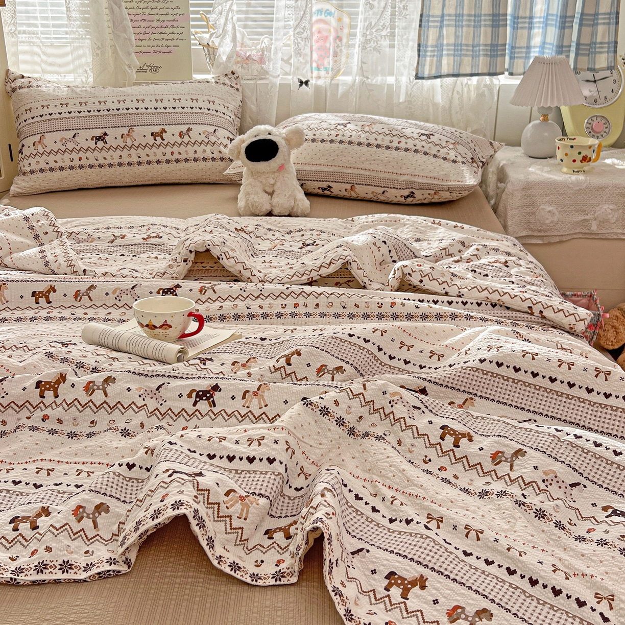 91家纺网 家纺一手货源 找家纺 老K (原美阁） 2026新款泡芙棉夏被四件套双层纱泡芙纱单夏被 焦糖布丁