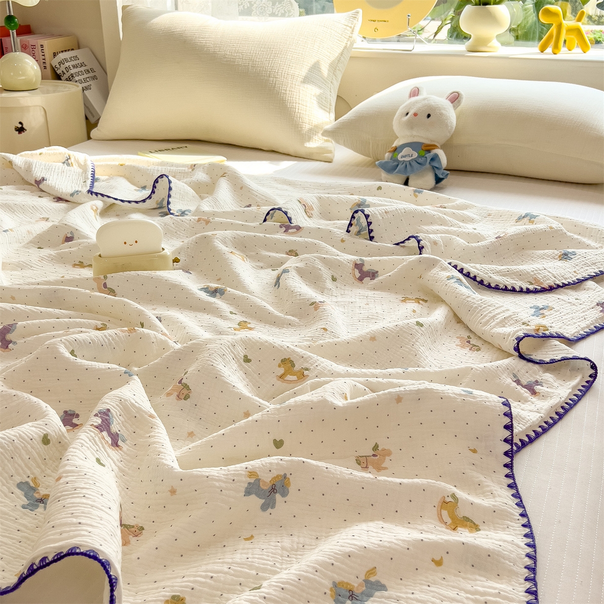 91家纺网 家纺一手货源 找家纺 布凡家居 2026新款全棉纯棉双层纱布毯夏被毯盖毯双层纱浴巾毯 皱皱纱-小木马