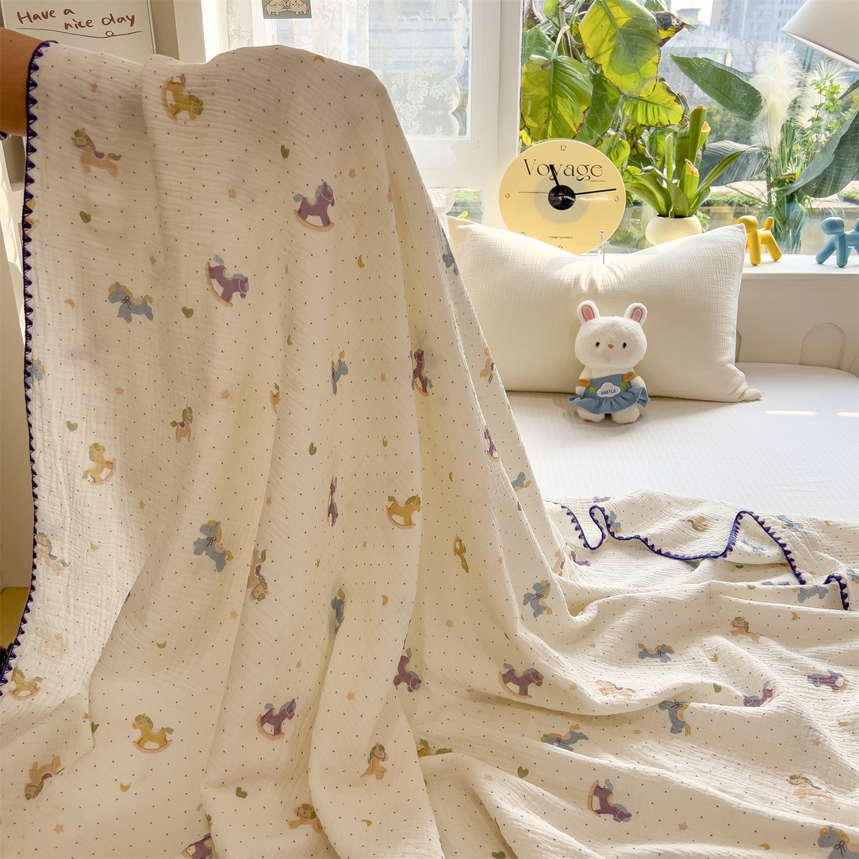 91家纺网 家纺一手货源 找家纺 布凡家居 2026新款全棉纯棉双层纱布毯夏被毯盖毯双层纱浴巾毯 皱皱纱-小木马