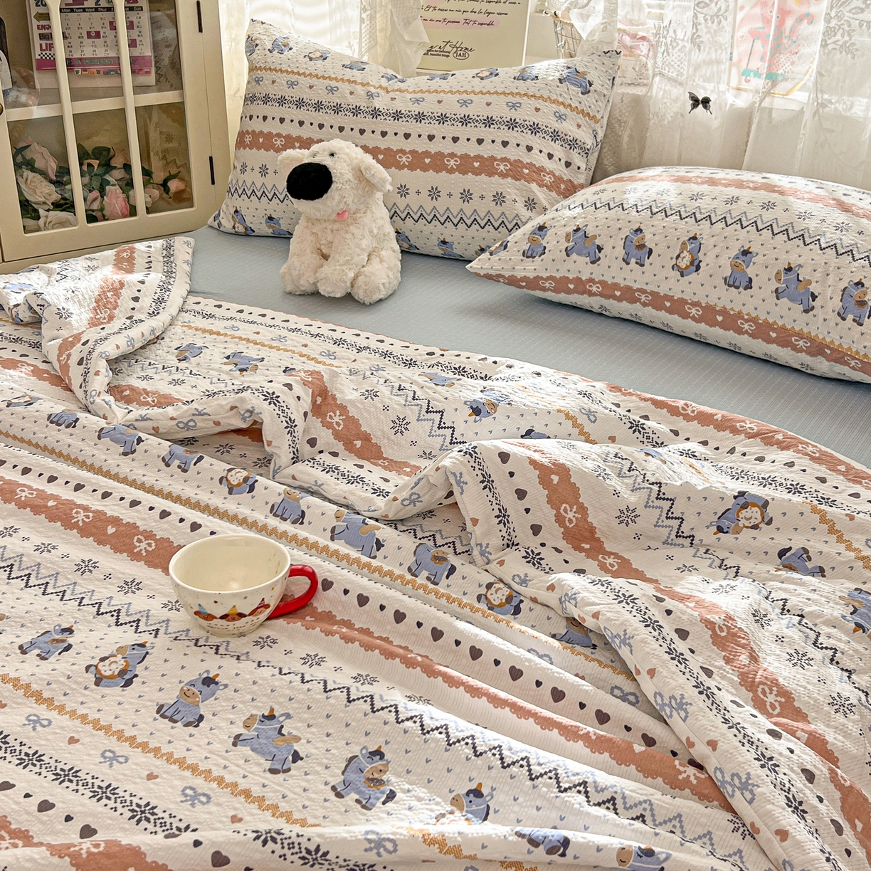 91家纺网 家纺一手货源 找家纺 老K (原美阁） 2026新款泡芙棉夏被四件套双层纱泡芙纱单夏被 萌小马乐园