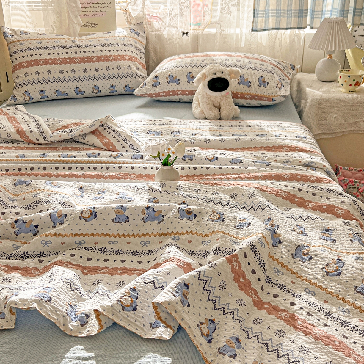 91家纺网 家纺一手货源 找家纺 老K (原美阁） 2026新款泡芙棉夏被四件套双层纱泡芙纱单夏被 萌小马乐园