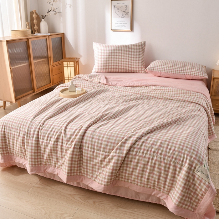 91家纺网 家纺一手货源 找家纺 欧朵家纺 2026春夏新款水洗棉新疆棉花被夏凉被空调被 印月-粉