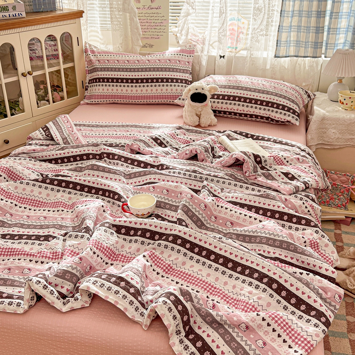 91家纺网 家纺一手货源 找家纺 老K (原美阁） 2026新款泡芙棉夏被四件套双层纱泡芙纱单夏被 奶萌凯蒂粉