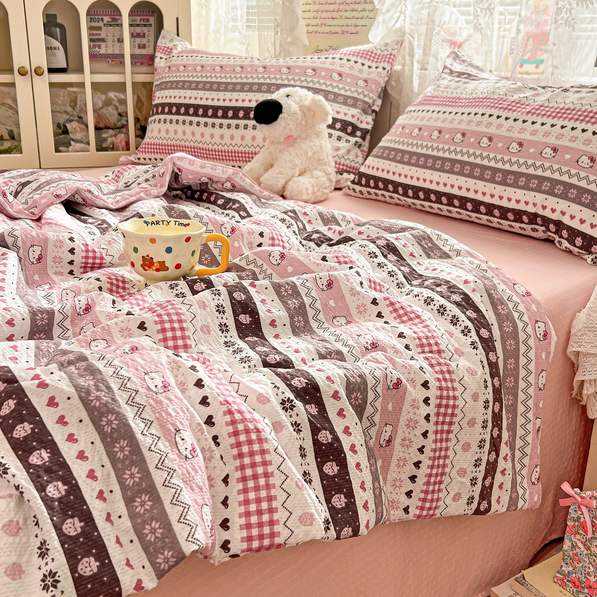 91家纺网 家纺一手货源 找家纺 老K (原美阁） 2026新款泡芙棉夏被四件套双层纱泡芙纱单夏被 奶萌凯蒂粉