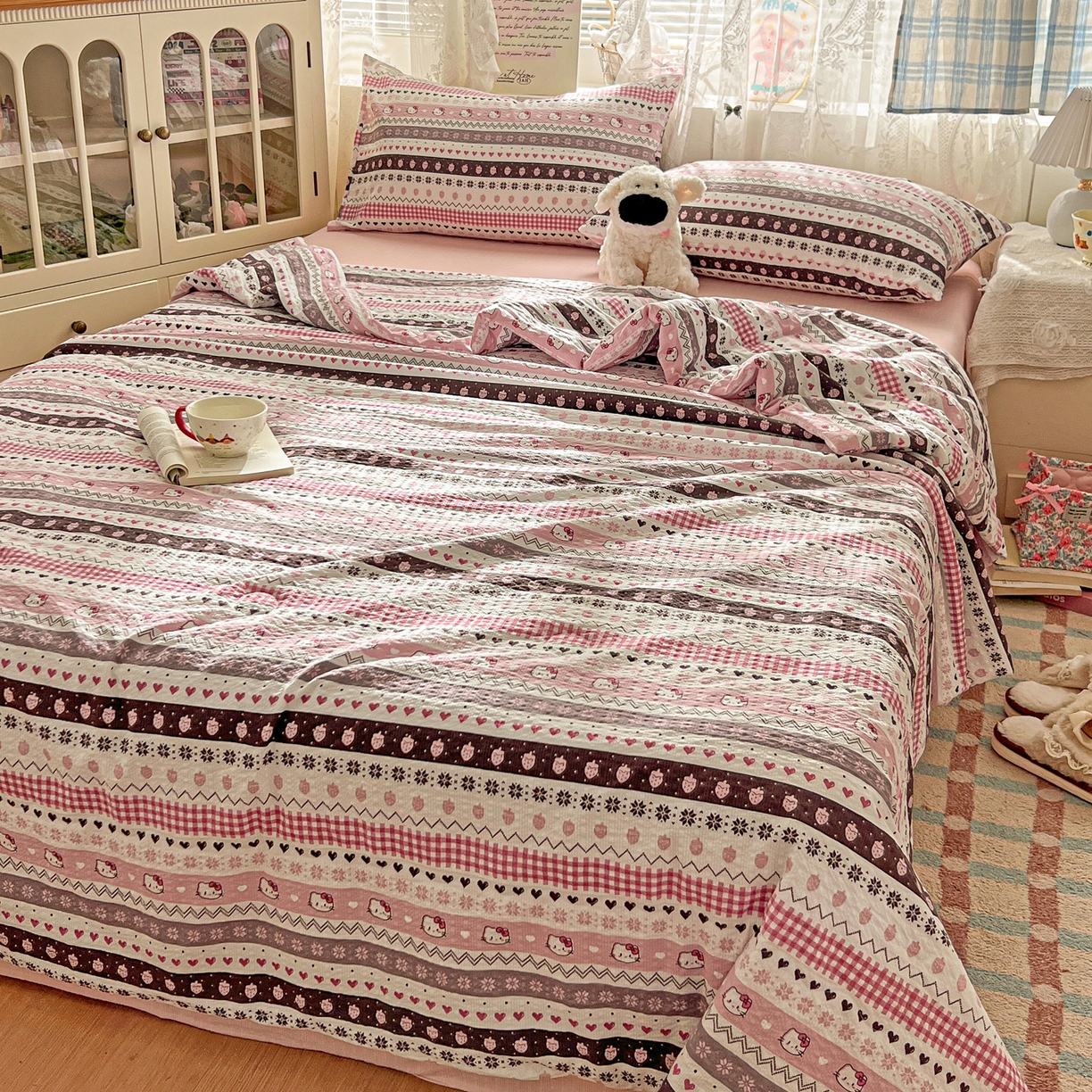 91家纺网 家纺一手货源 找家纺 老K (原美阁） 2026新款泡芙棉夏被四件套双层纱泡芙纱单夏被 奶萌凯蒂粉