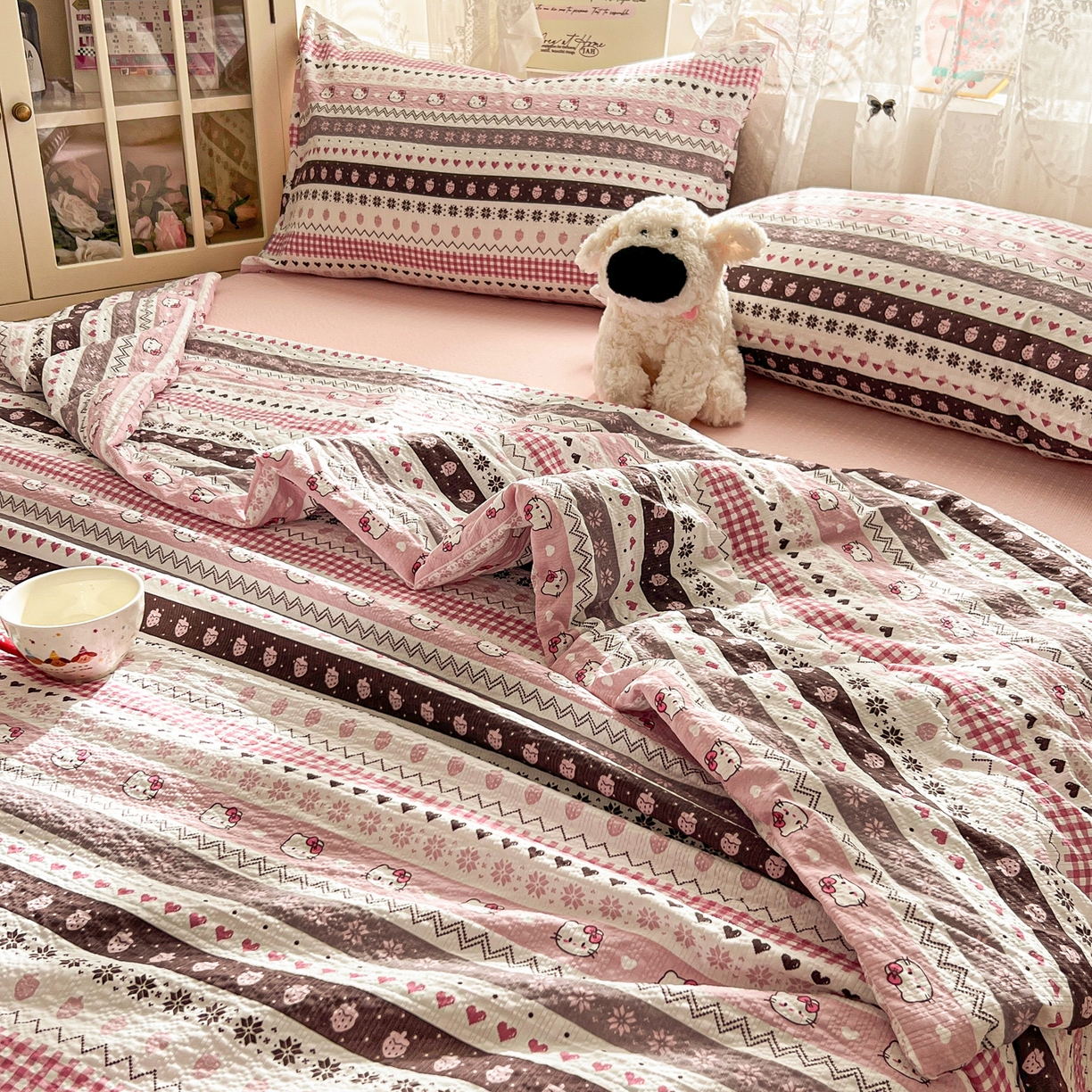 91家纺网 家纺一手货源 找家纺 老K (原美阁） 2026新款泡芙棉夏被四件套双层纱泡芙纱单夏被 奶萌凯蒂粉