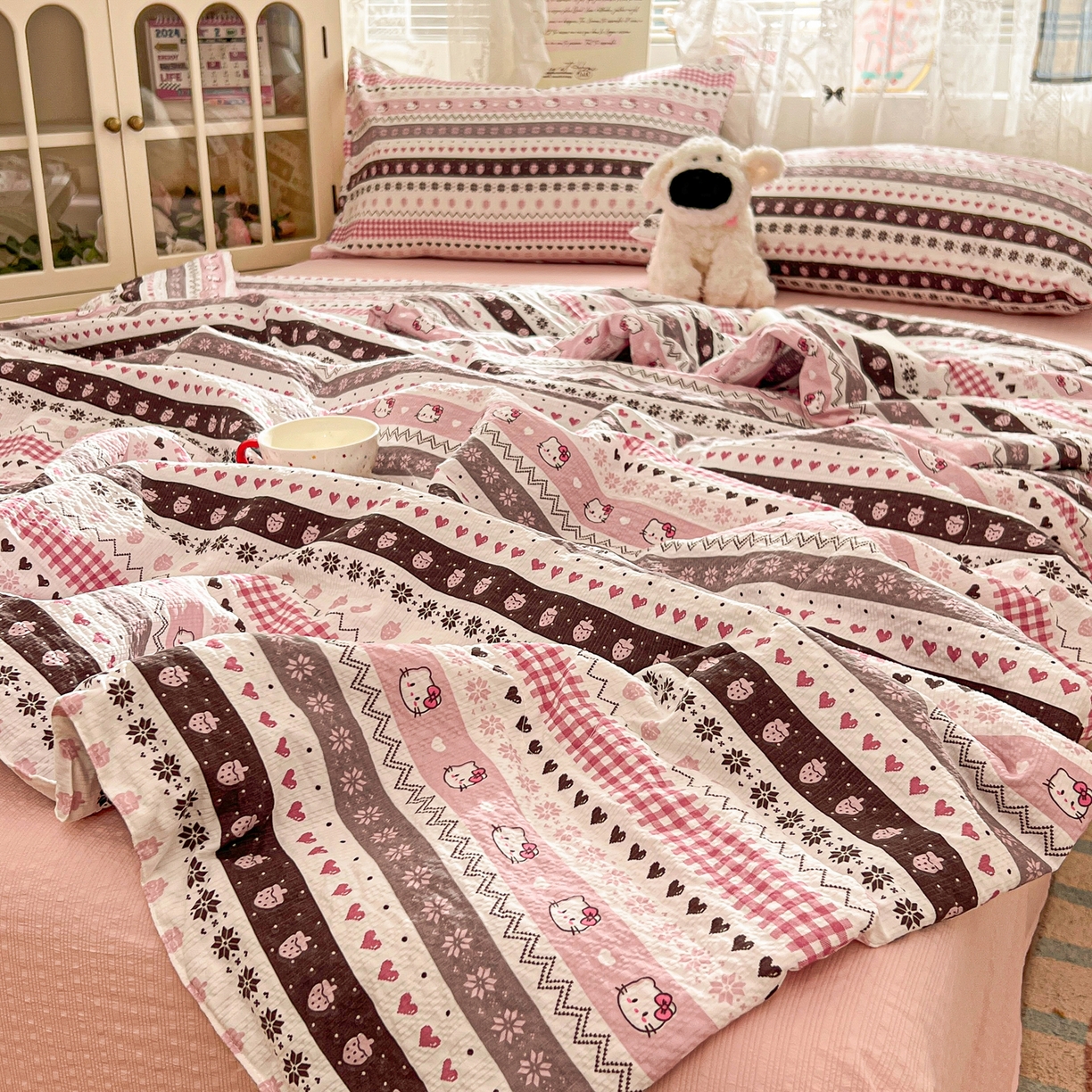 91家纺网 家纺一手货源 找家纺 老K (原美阁） 2026新款泡芙棉夏被四件套双层纱泡芙纱单夏被 奶萌凯蒂粉