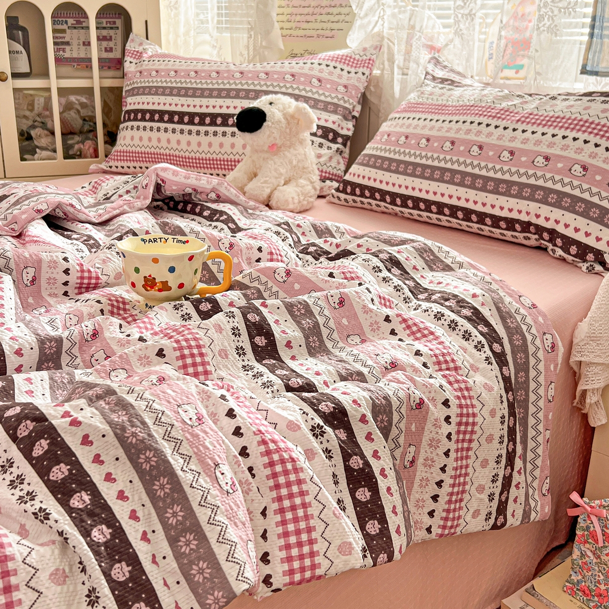 91家纺网 家纺一手货源 找家纺 老K (原美阁） 2026新款泡芙棉夏被四件套双层纱泡芙纱单夏被 奶萌凯蒂粉