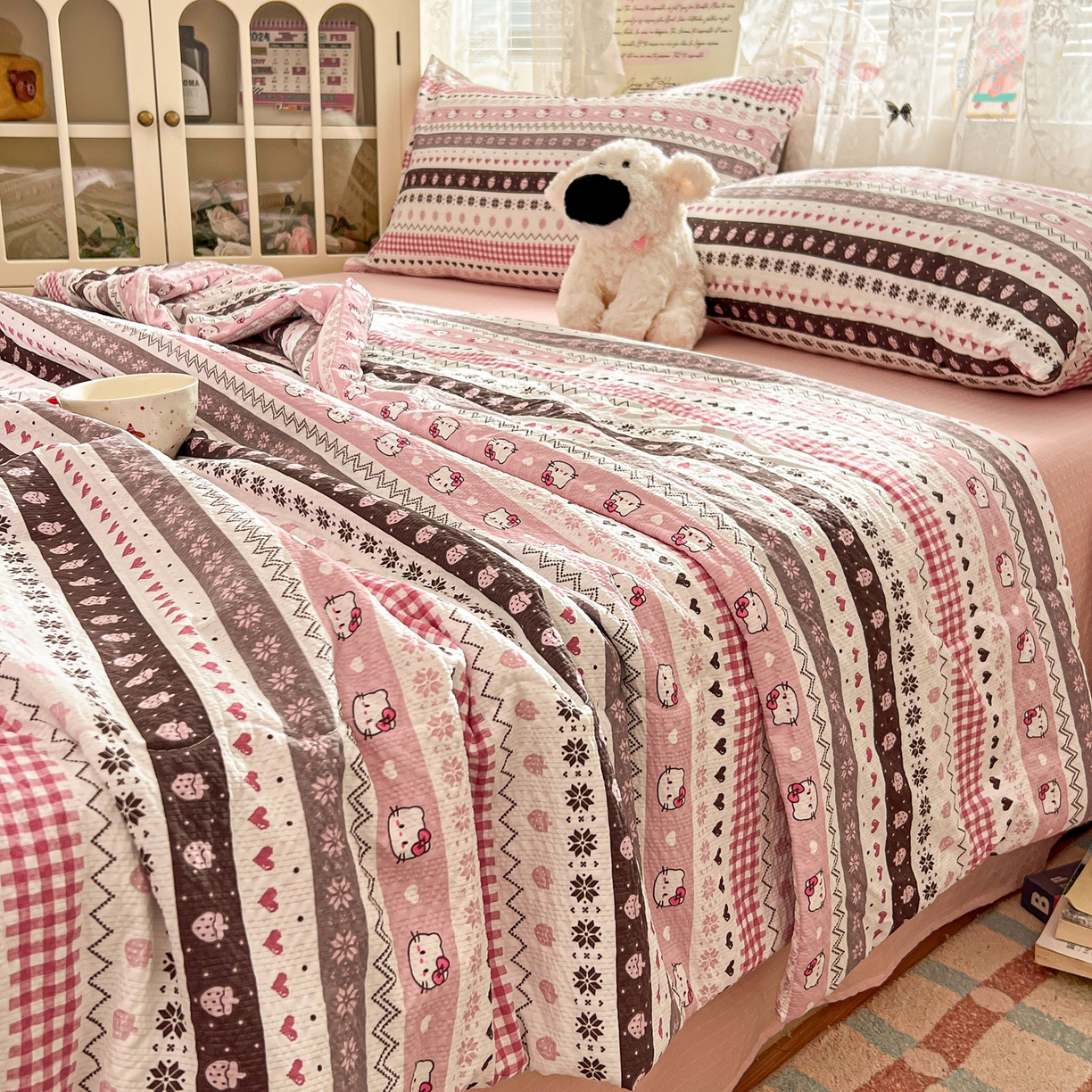老K (原美阁） 2026新款泡芙棉夏被四件套双层纱泡芙纱单夏被 奶萌凯蒂粉