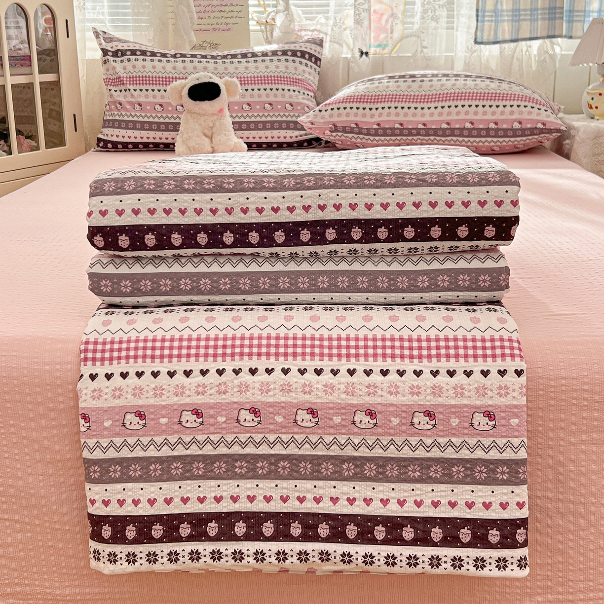 91家纺网 家纺一手货源 找家纺 老K (原美阁） 2026新款泡芙棉夏被四件套双层纱泡芙纱单夏被 奶萌凯蒂粉