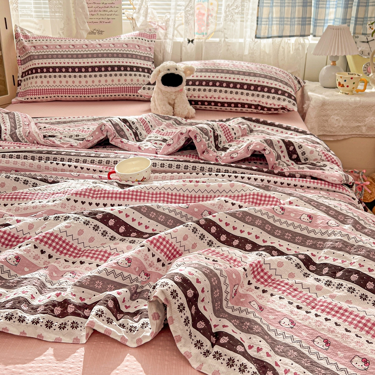 91家纺网 家纺一手货源 找家纺 老K (原美阁） 2026新款泡芙棉夏被四件套双层纱泡芙纱单夏被 奶萌凯蒂粉