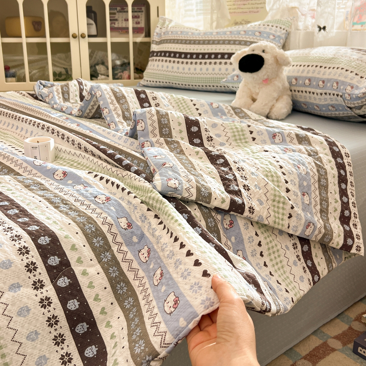 老K (原美阁） 2026新款泡芙棉夏被四件套双层纱泡芙纱单夏被 奶萌凯蒂蓝