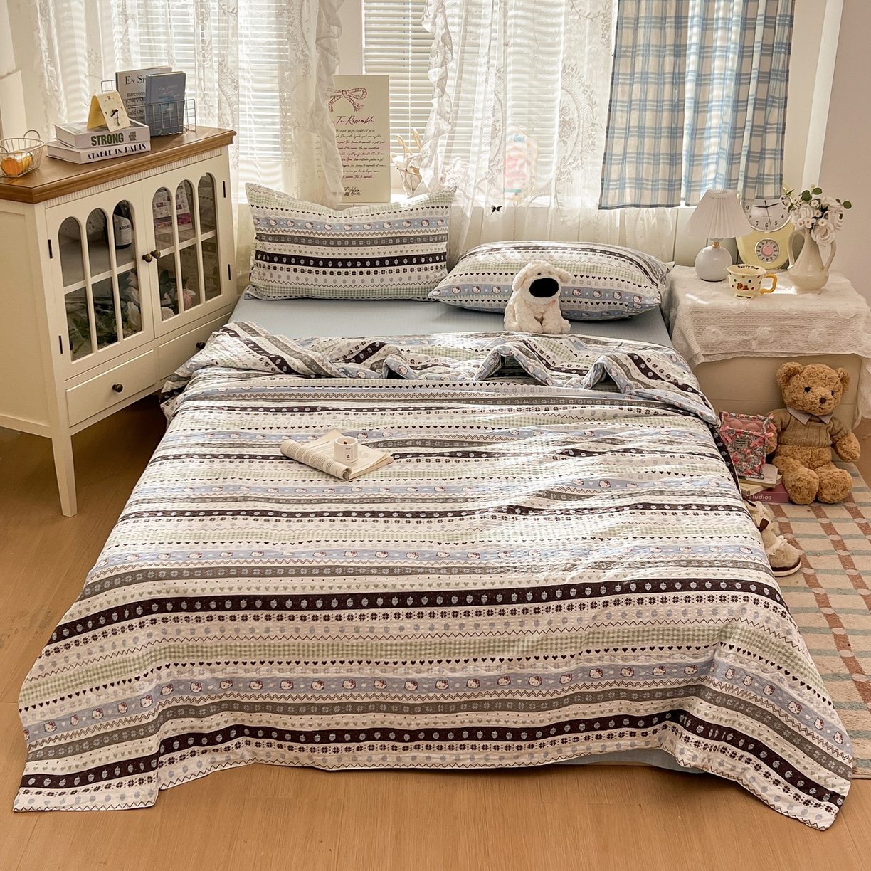 91家纺网 家纺一手货源 找家纺 老K (原美阁） 2026新款泡芙棉夏被四件套双层纱泡芙纱单夏被 奶萌凯蒂蓝