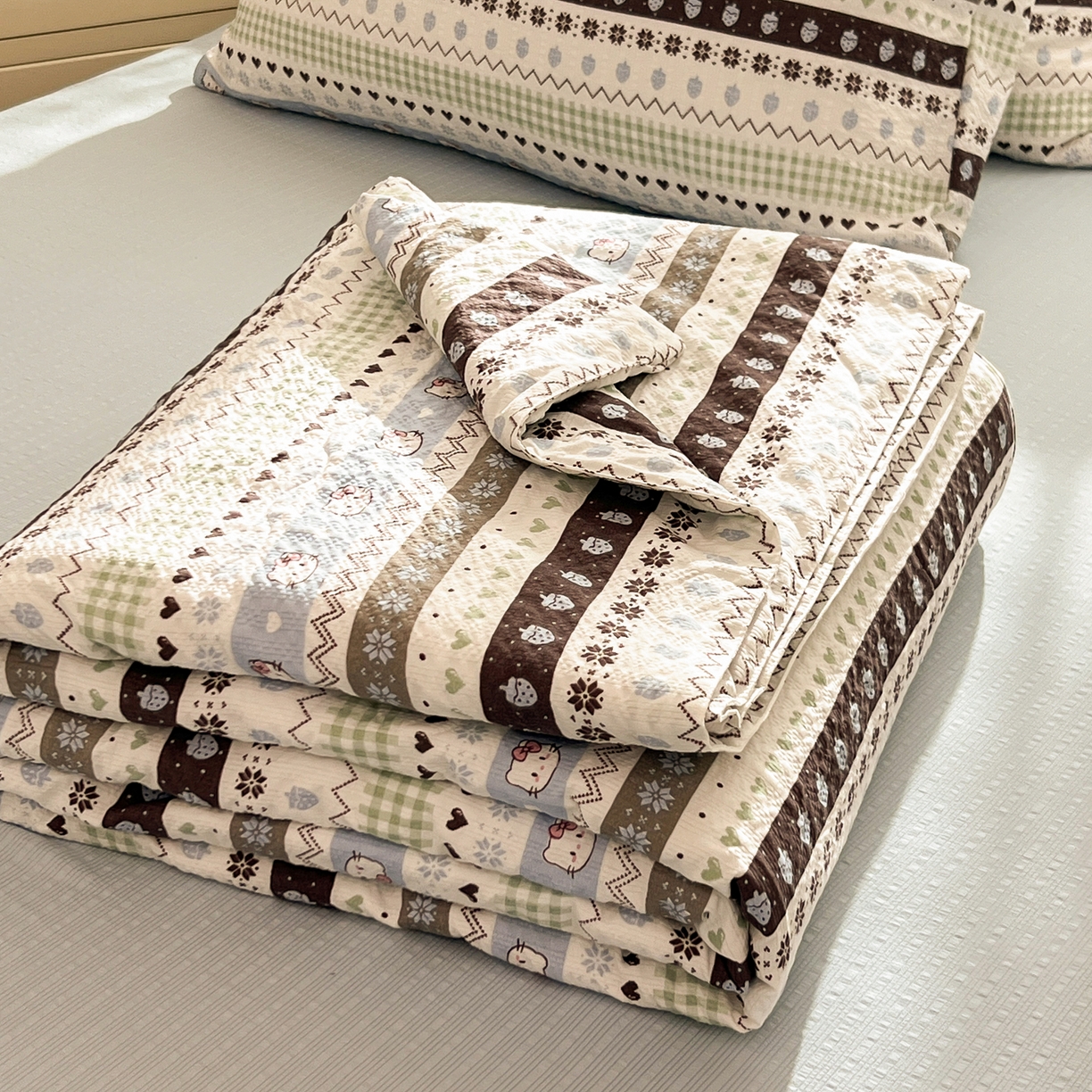 91家纺网 家纺一手货源 找家纺 老K (原美阁） 2026新款泡芙棉夏被四件套双层纱泡芙纱单夏被 奶萌凯蒂蓝