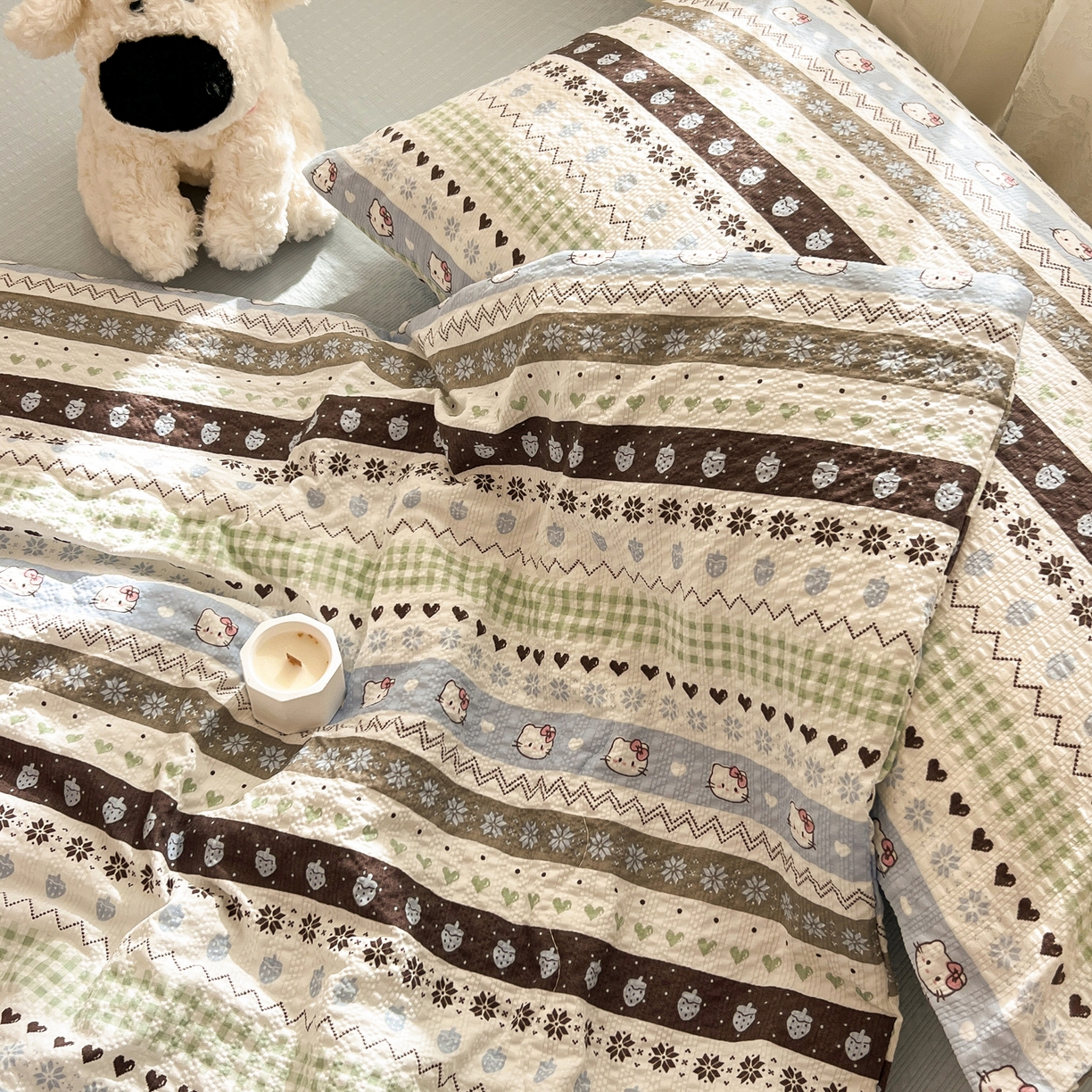 91家纺网 家纺一手货源 找家纺 老K (原美阁） 2026新款泡芙棉夏被四件套双层纱泡芙纱单夏被 奶萌凯蒂蓝