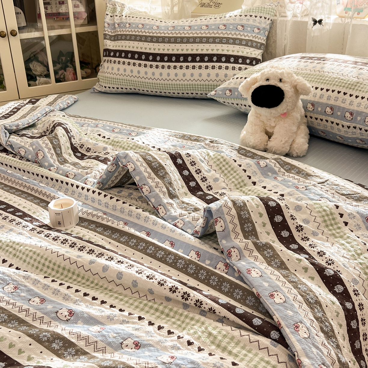 91家纺网 家纺一手货源 找家纺 老K (原美阁） 2026新款泡芙棉夏被四件套双层纱泡芙纱单夏被 奶萌凯蒂蓝