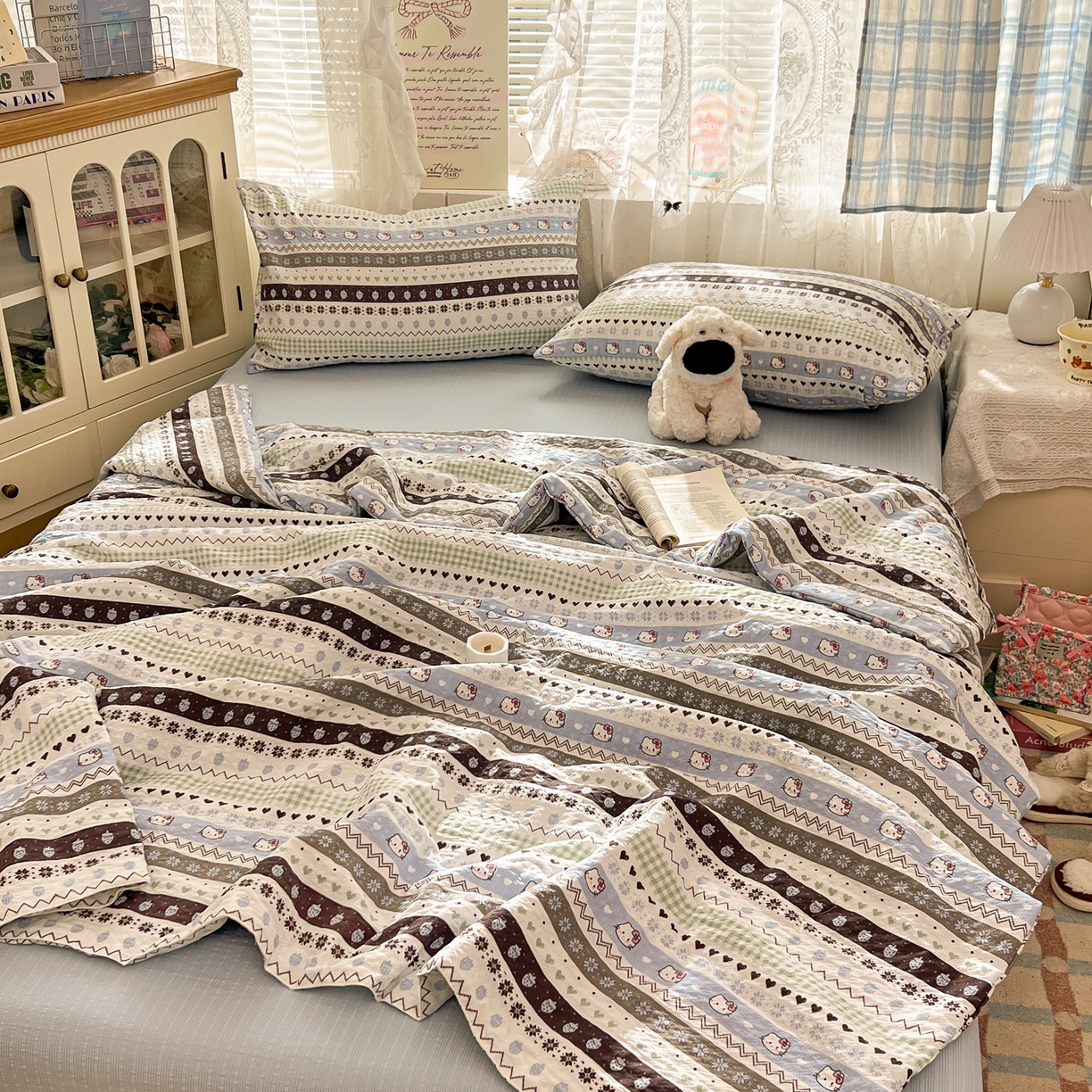 91家纺网 家纺一手货源 找家纺 老K (原美阁） 2026新款泡芙棉夏被四件套双层纱泡芙纱单夏被 奶萌凯蒂蓝