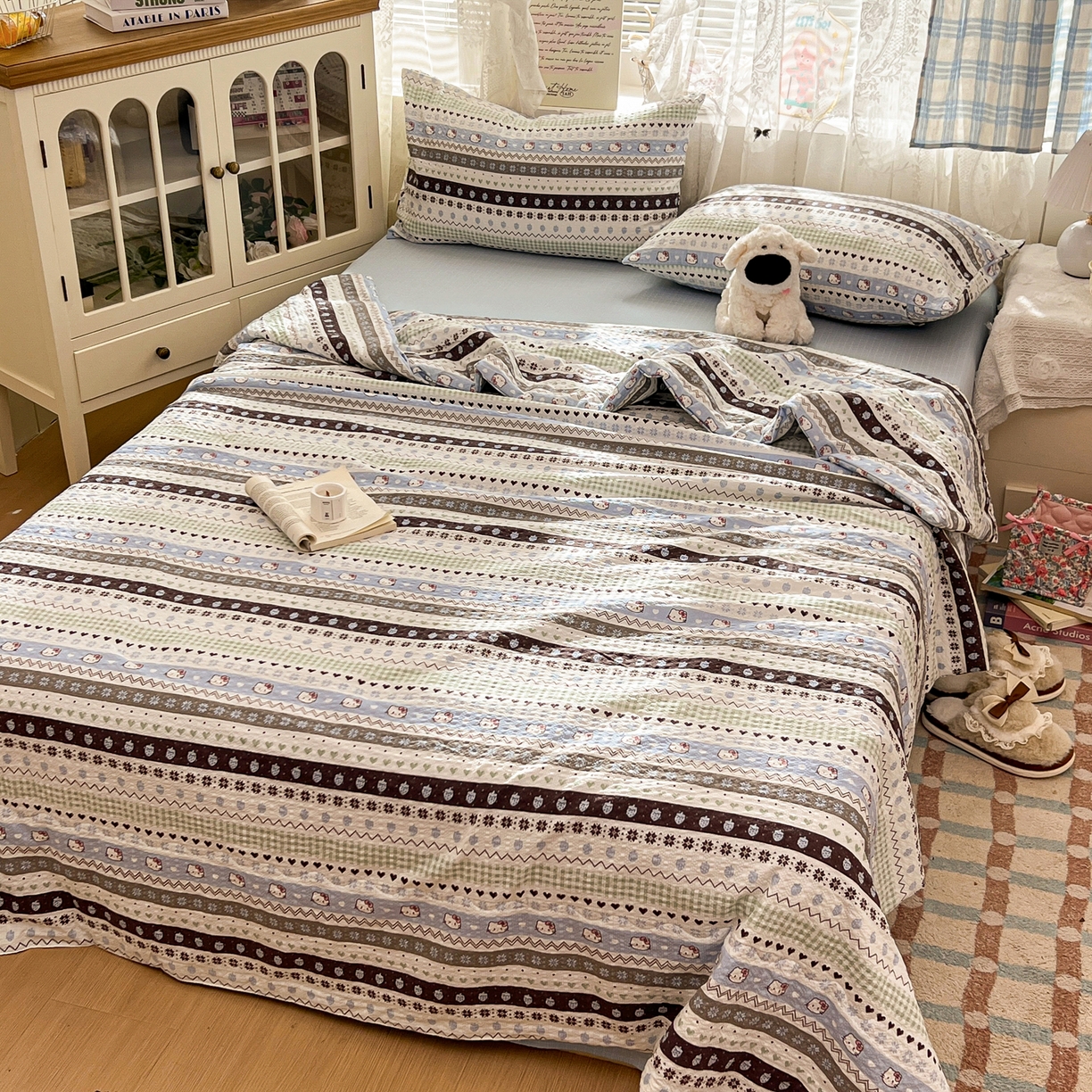 91家纺网 家纺一手货源 找家纺 老K (原美阁） 2026新款泡芙棉夏被四件套双层纱泡芙纱单夏被 奶萌凯蒂蓝