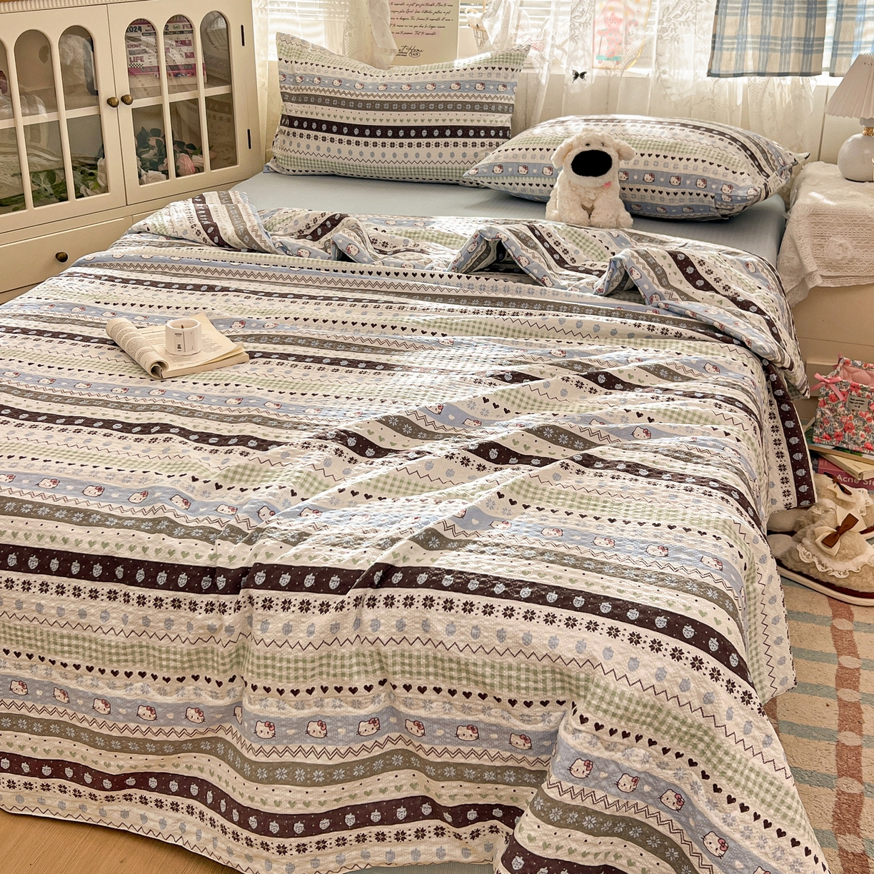 91家纺网 家纺一手货源 找家纺 老K (原美阁） 2026新款泡芙棉夏被四件套双层纱泡芙纱单夏被 奶萌凯蒂蓝