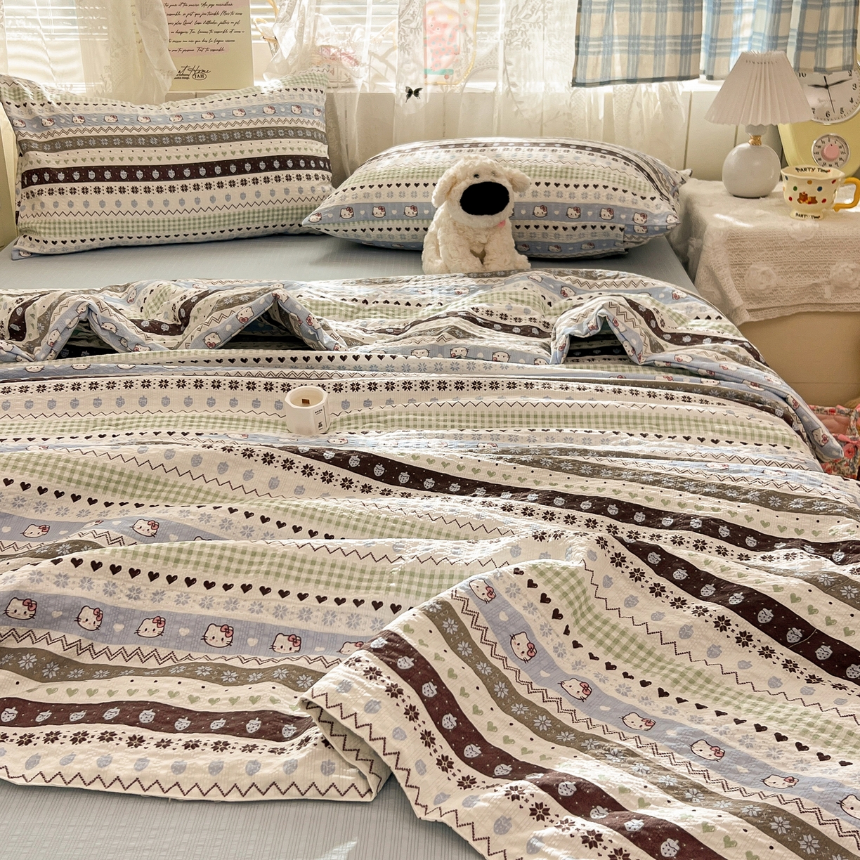 91家纺网 家纺一手货源 找家纺 老K (原美阁） 2026新款泡芙棉夏被四件套双层纱泡芙纱单夏被 奶萌凯蒂蓝