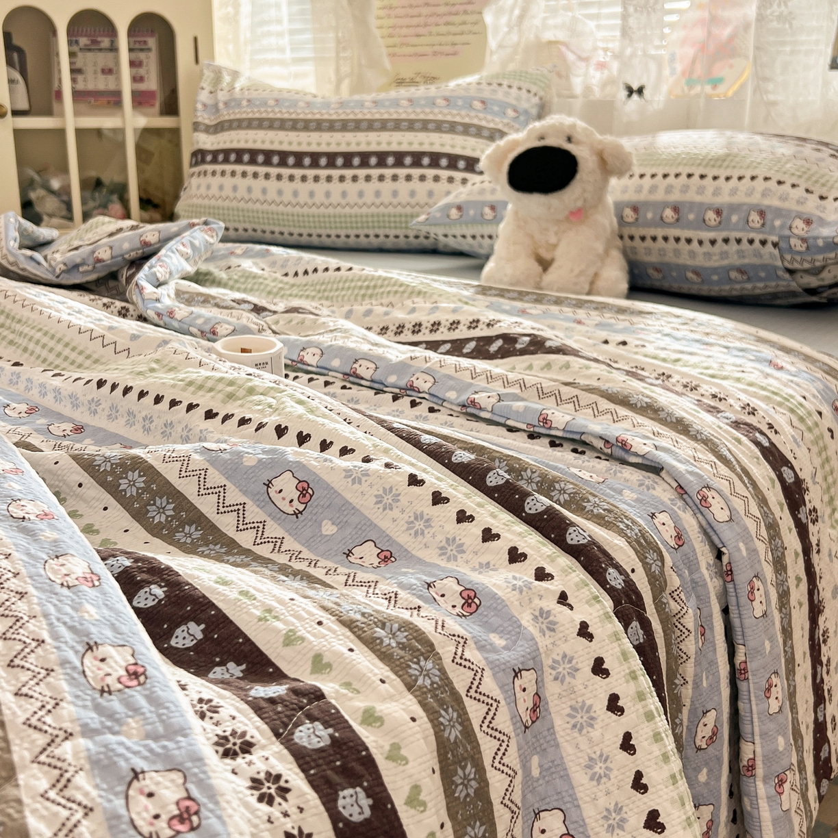 91家纺网 家纺一手货源 找家纺 老K (原美阁） 2026新款泡芙棉夏被四件套双层纱泡芙纱单夏被 奶萌凯蒂蓝