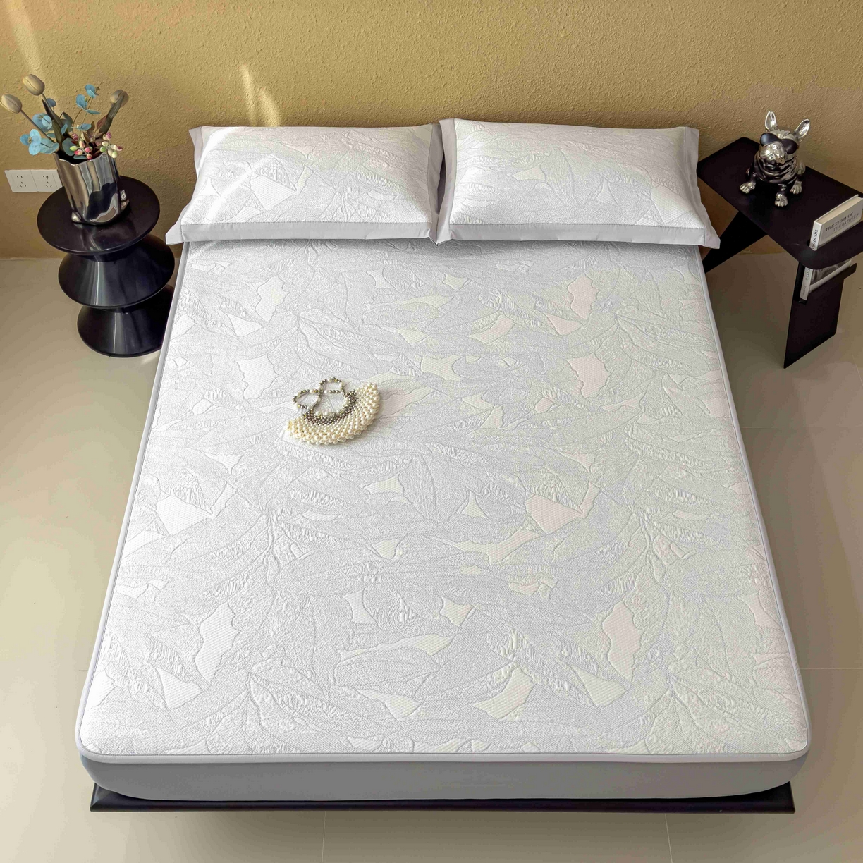 91家纺网 家纺一手货源 找家纺 孩子王家纺 2026春夏新款凉感过0.21夏天家用软席子可机洗空调席夏季高端华夫格凉席三件套 家大叶大-沥青浅灰 床笠款