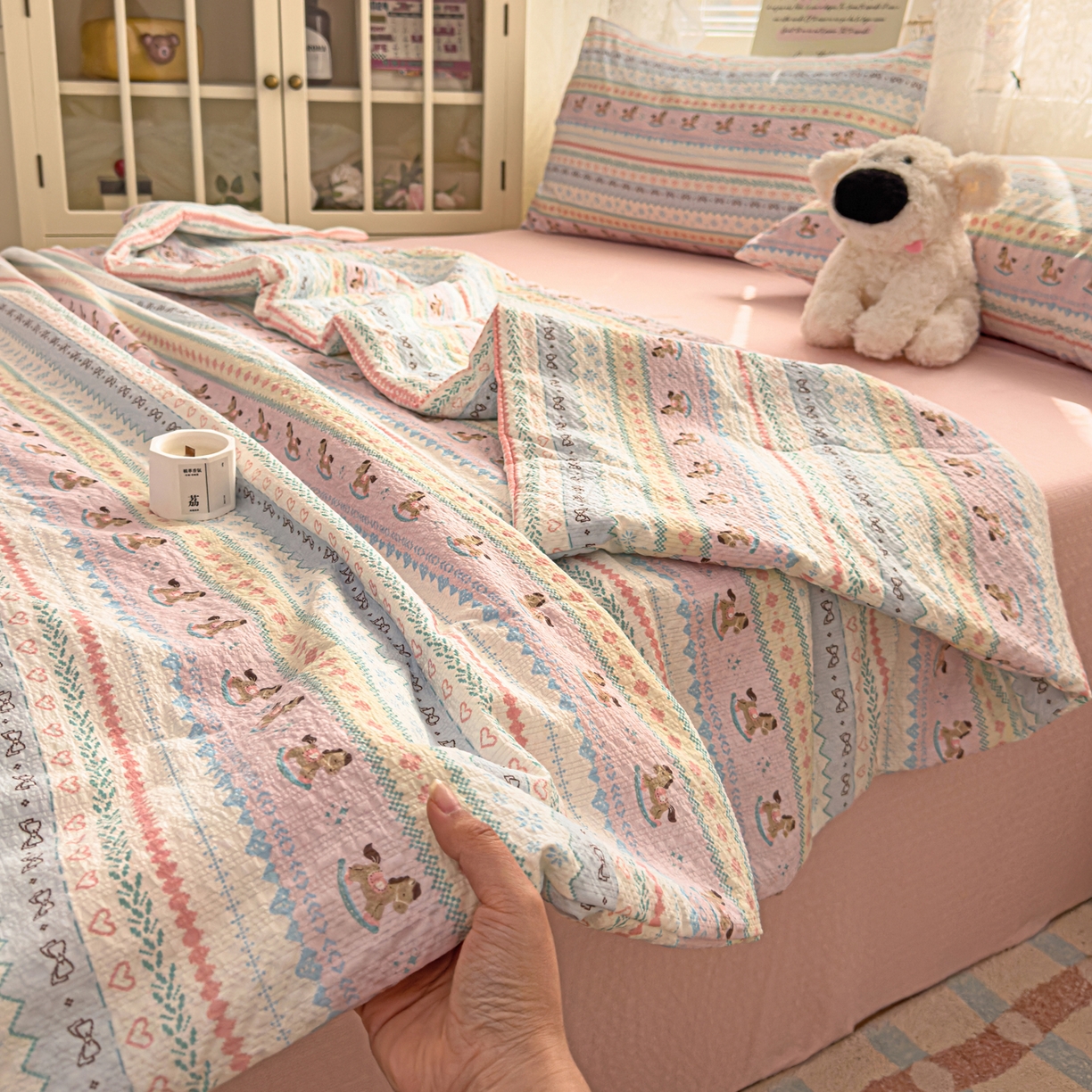 老K (原美阁） 2026新款泡芙棉夏被四件套双层纱泡芙纱单夏被 摇摇小木马