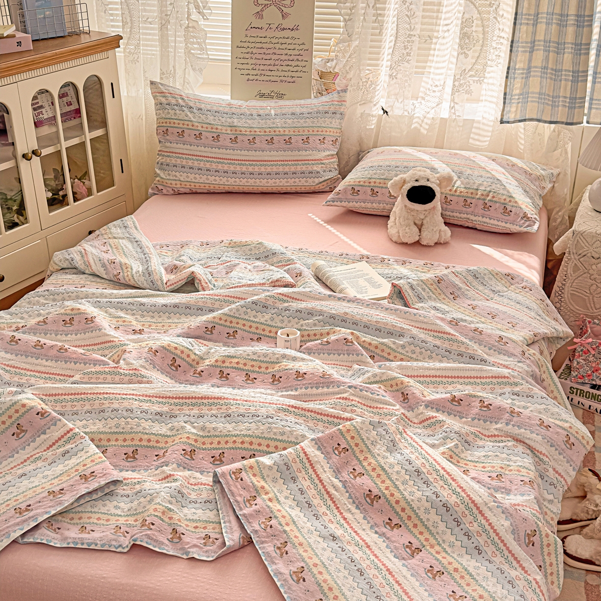 91家纺网 家纺一手货源 找家纺 老K (原美阁） 2026新款泡芙棉夏被四件套双层纱泡芙纱单夏被 摇摇小木马