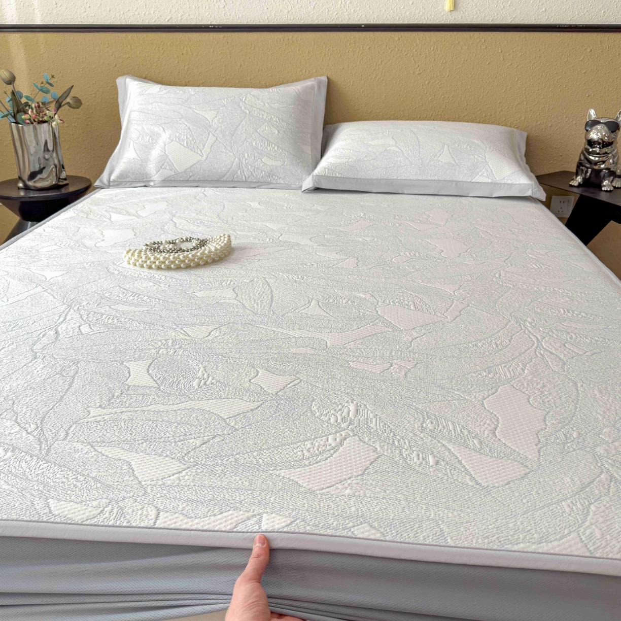 91家纺网 家纺一手货源 找家纺 孩子王家纺 2026春夏新款凉感过0.21夏天家用软席子可机洗空调席夏季高端华夫格凉席三件套 家大叶大-沥青浅灰 床笠款