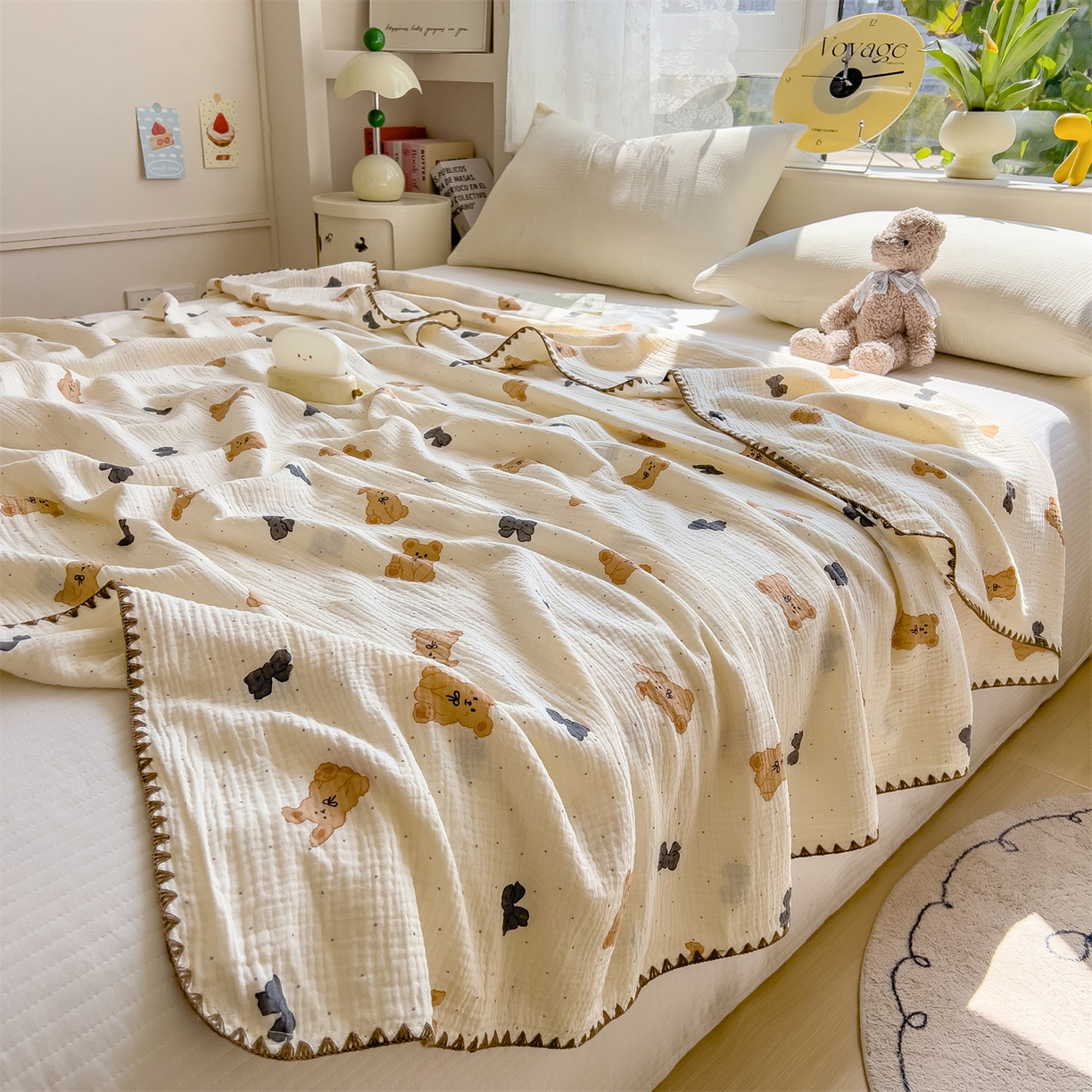 91家纺网 家纺一手货源 找家纺 布凡家居 2026新款全棉纯棉双层纱布毯夏被毯盖毯双层纱浴巾毯 皱皱纱-小玩偶