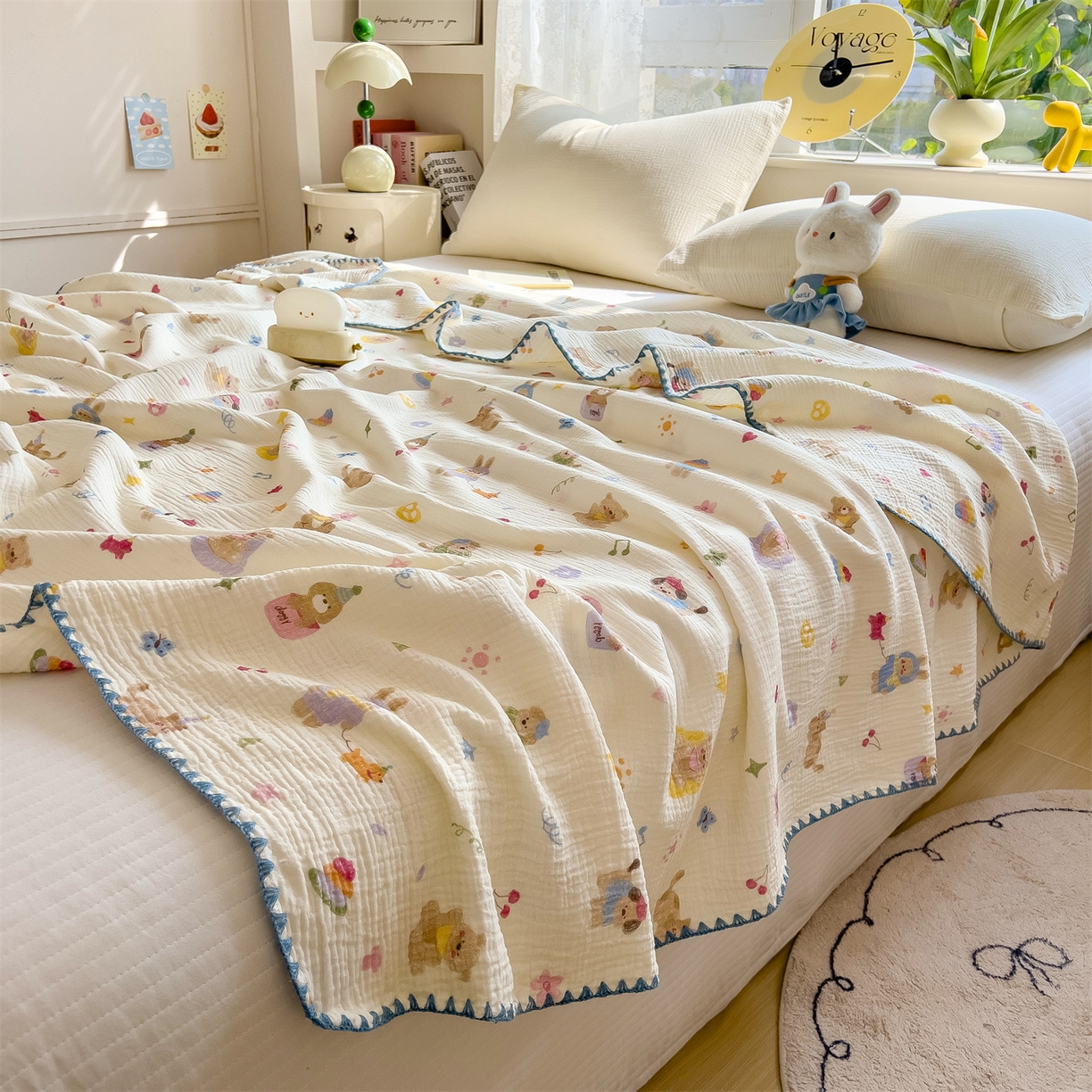 91家纺网 家纺一手货源 找家纺 布凡家居 2026新款全棉纯棉双层纱布毯夏被毯盖毯双层纱浴巾毯 皱皱纱-音乐小狗