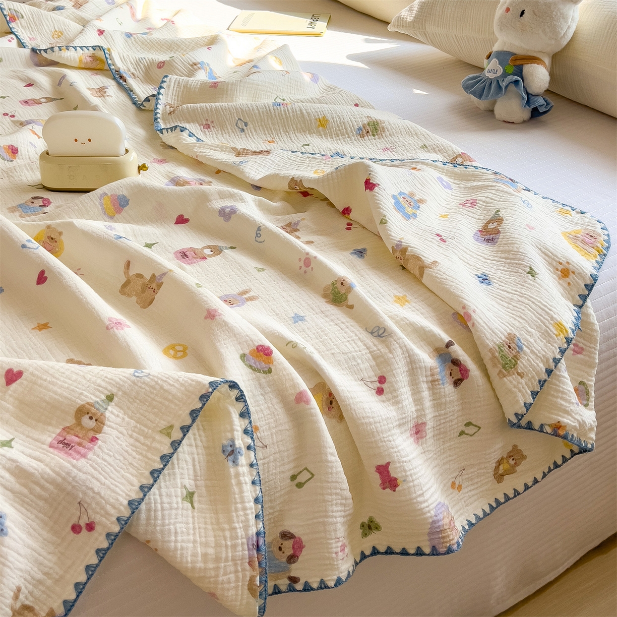 91家纺网 家纺一手货源 找家纺 布凡家居 2026新款全棉纯棉双层纱布毯夏被毯盖毯双层纱浴巾毯 皱皱纱-音乐小狗