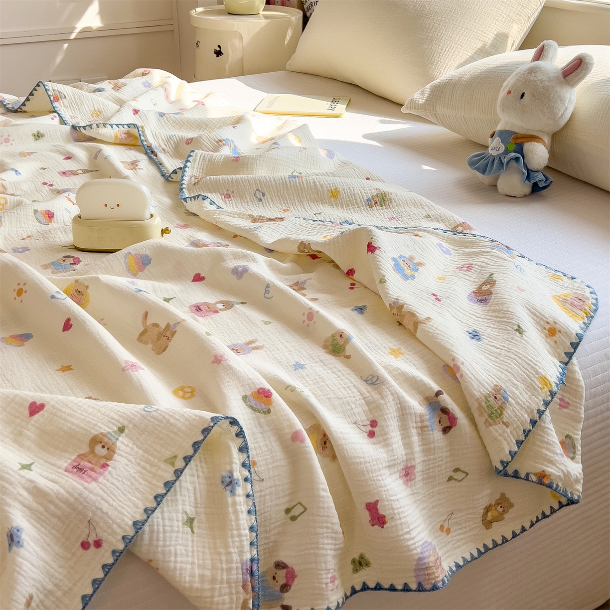 91家纺网 家纺一手货源 找家纺 布凡家居 2026新款全棉纯棉双层纱布毯夏被毯盖毯双层纱浴巾毯 皱皱纱-音乐小狗