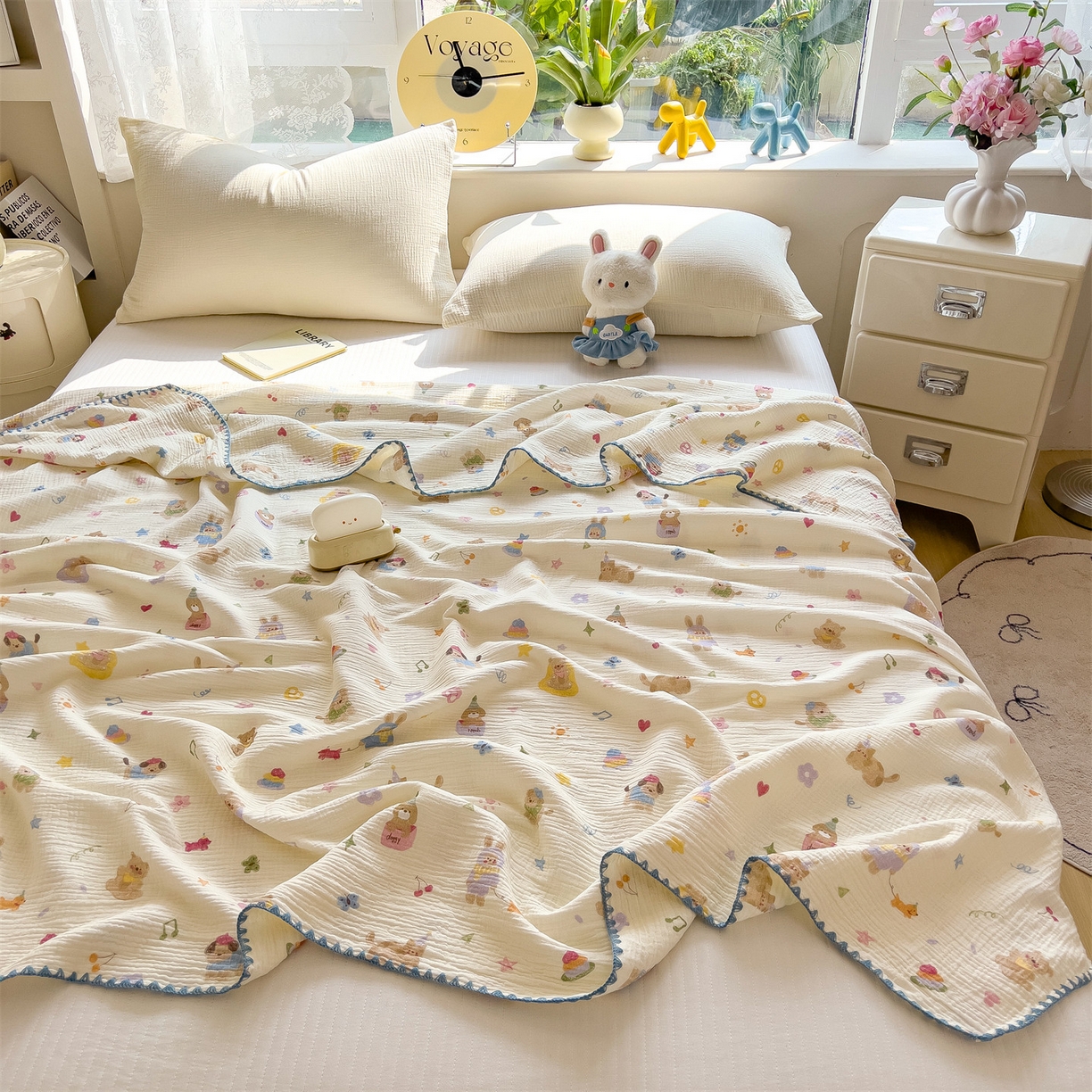 91家纺网 家纺一手货源 找家纺 布凡家居 2026新款全棉纯棉双层纱布毯夏被毯盖毯双层纱浴巾毯 皱皱纱-音乐小狗